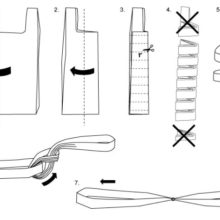 Graphic instructions for how to turn a plastic bag into plarn