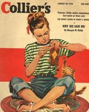 A cover of one of the knitting magazines that has been digitized, showing a girl knitting, circa 1950s.