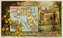 A vintage postcard including vintage maps of Florida and some oranges